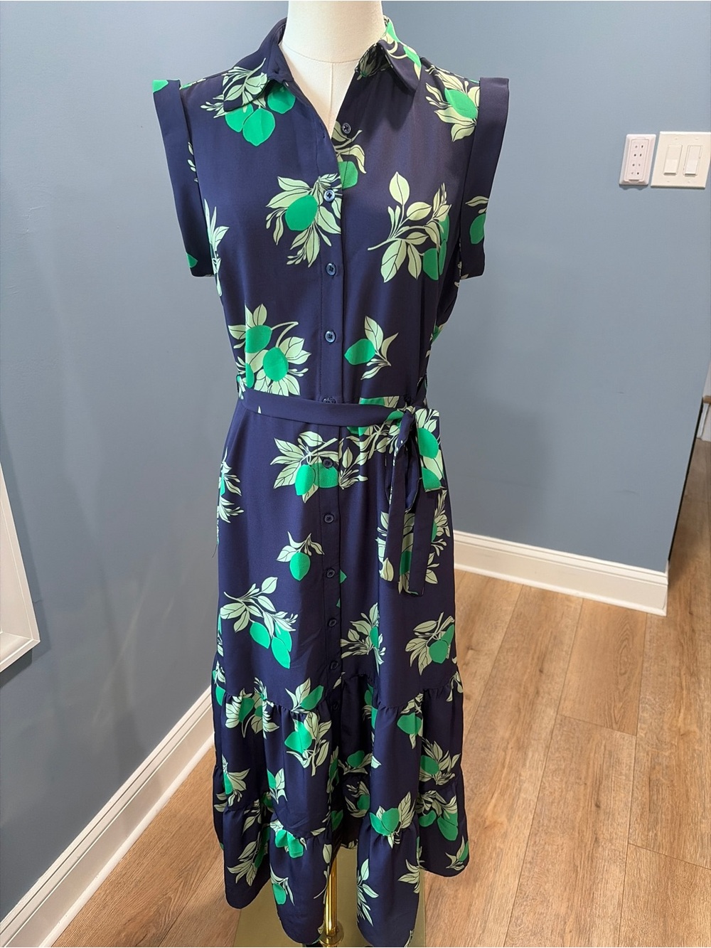 Maggy London Navy Green Botanical Print Belted Shirt Midi Dress Size 4